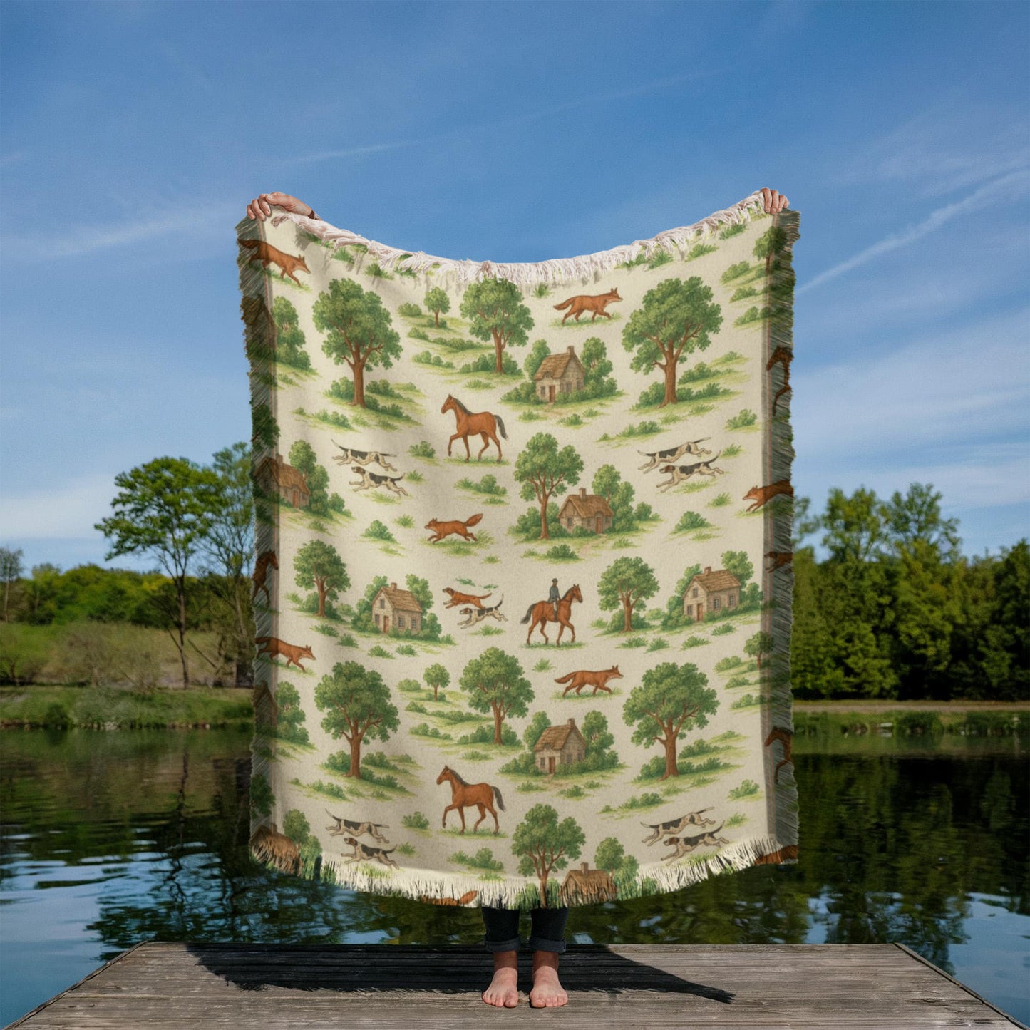 Equestrian Toile de Jouy Woven Blanket | Horse Lover Throw in Blue, Green, Cranberry, or Multi