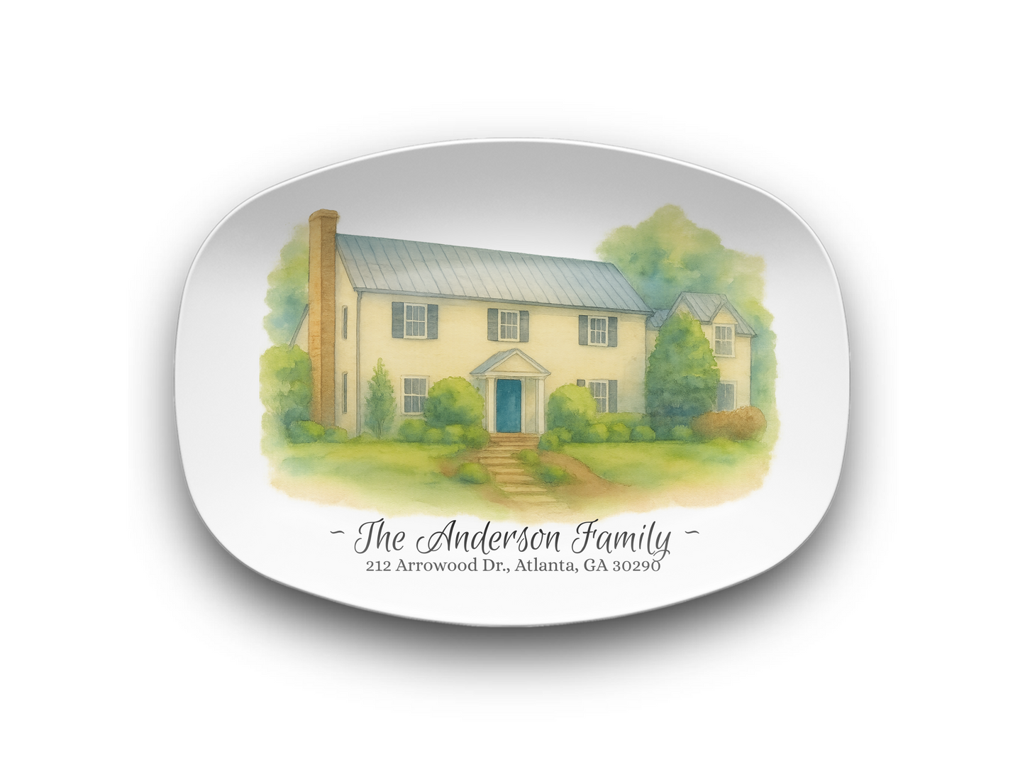 Personalized Watercolor House Portrait Oval Platter – 10″×14″ Serving Tray with Custom Family Name Gift