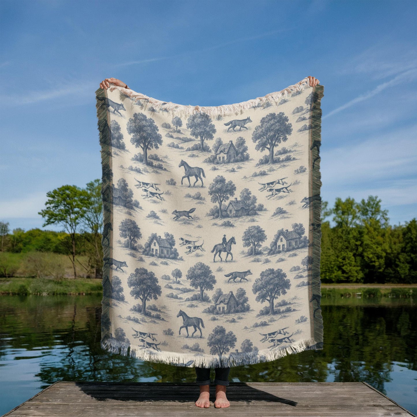 Equestrian Toile de Jouy Woven Blanket | Horse Lover Throw in Blue, Green, Cranberry, or Multi