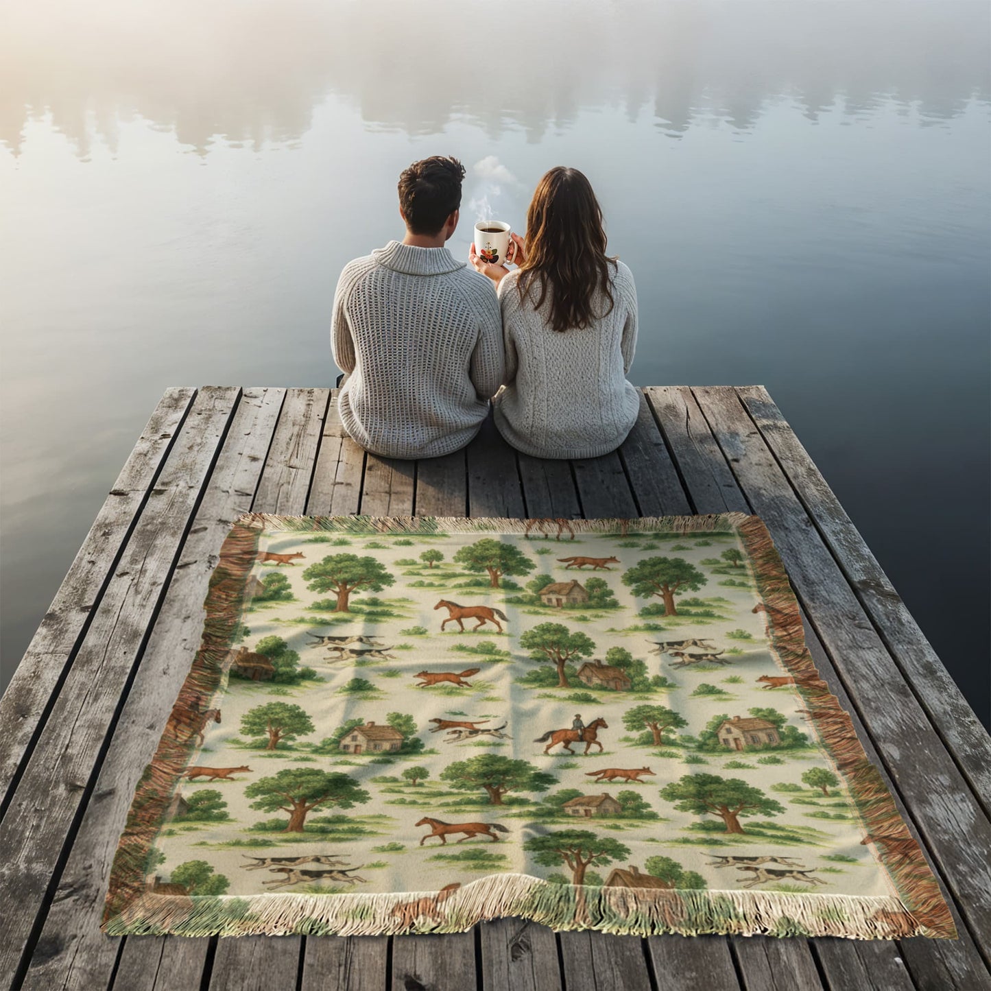 Equestrian Toile de Jouy Woven Blanket | Horse Lover Throw in Blue, Green, Cranberry, or Multi