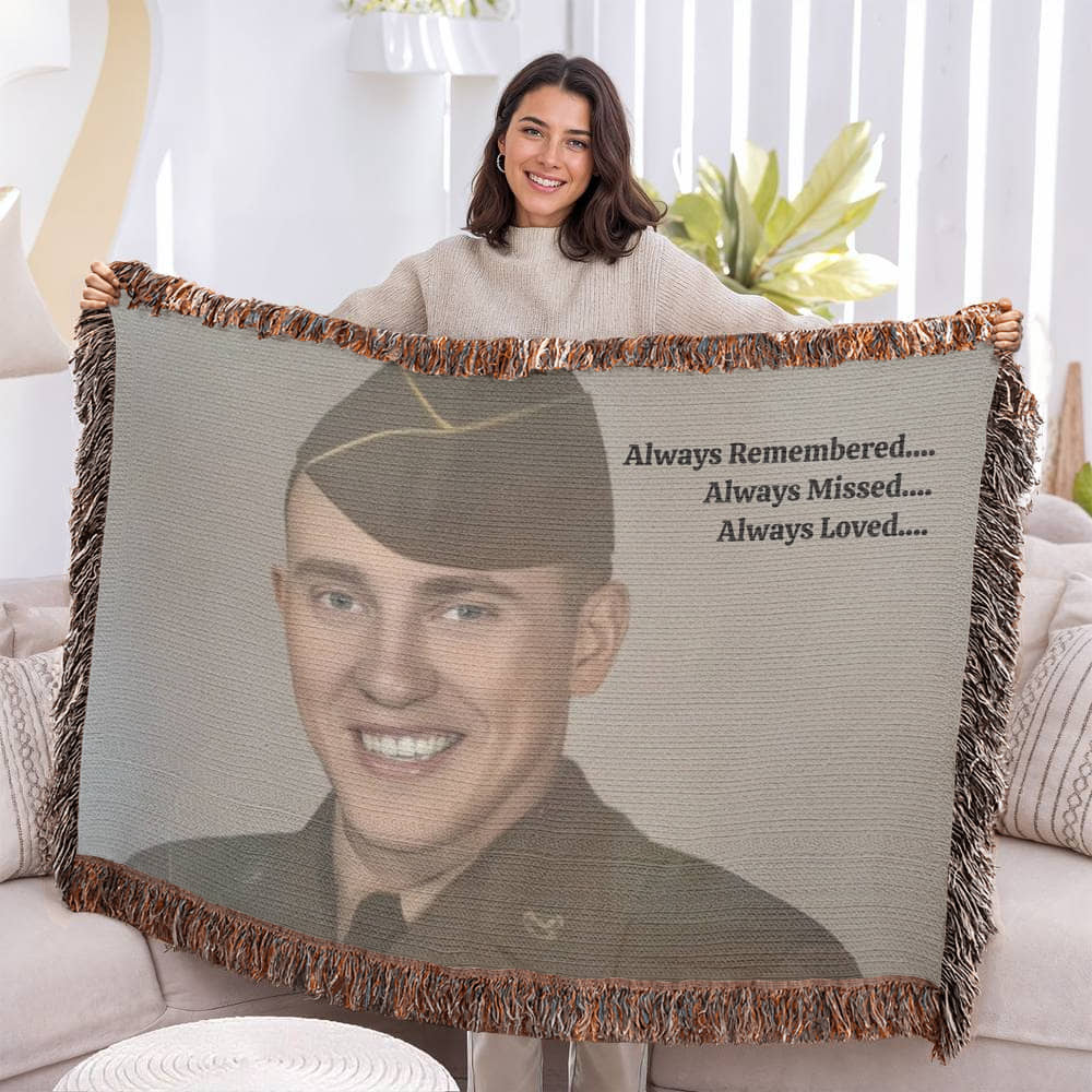Custom Memorial Photo Woven Blanket – "Always Remembered, Always Missed, Always Loved"