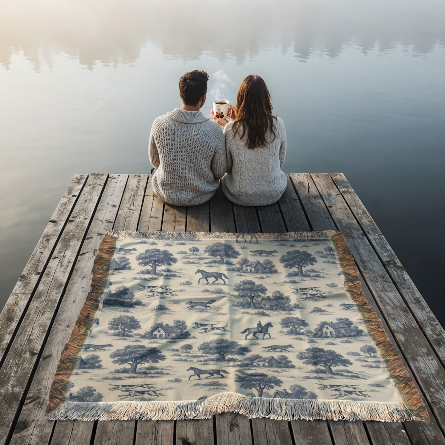 Equestrian Toile de Jouy Woven Blanket | Horse Lover Throw in Blue, Green, Cranberry, or Multi