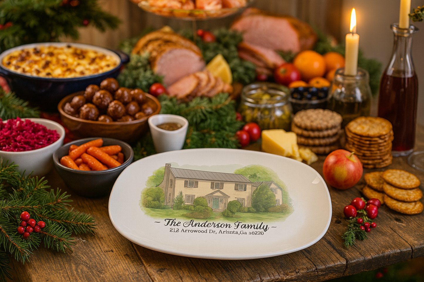 Personalized Watercolor House Portrait Oval Platter – 10″×14″ Serving Tray with Custom Family Name Gift