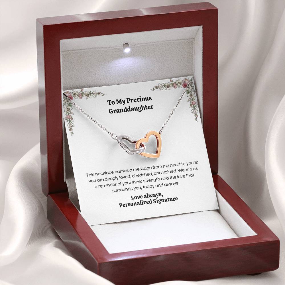 Interlocking Hearts Necklace for Granddaughter, 5 Different Message Card Options, White&Rose Gold or Yellow Gold