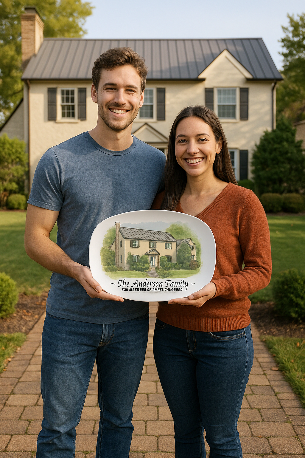 Personalized Watercolor House Portrait Oval Platter – 10″×14″ Serving Tray with Custom Family Name Gift
