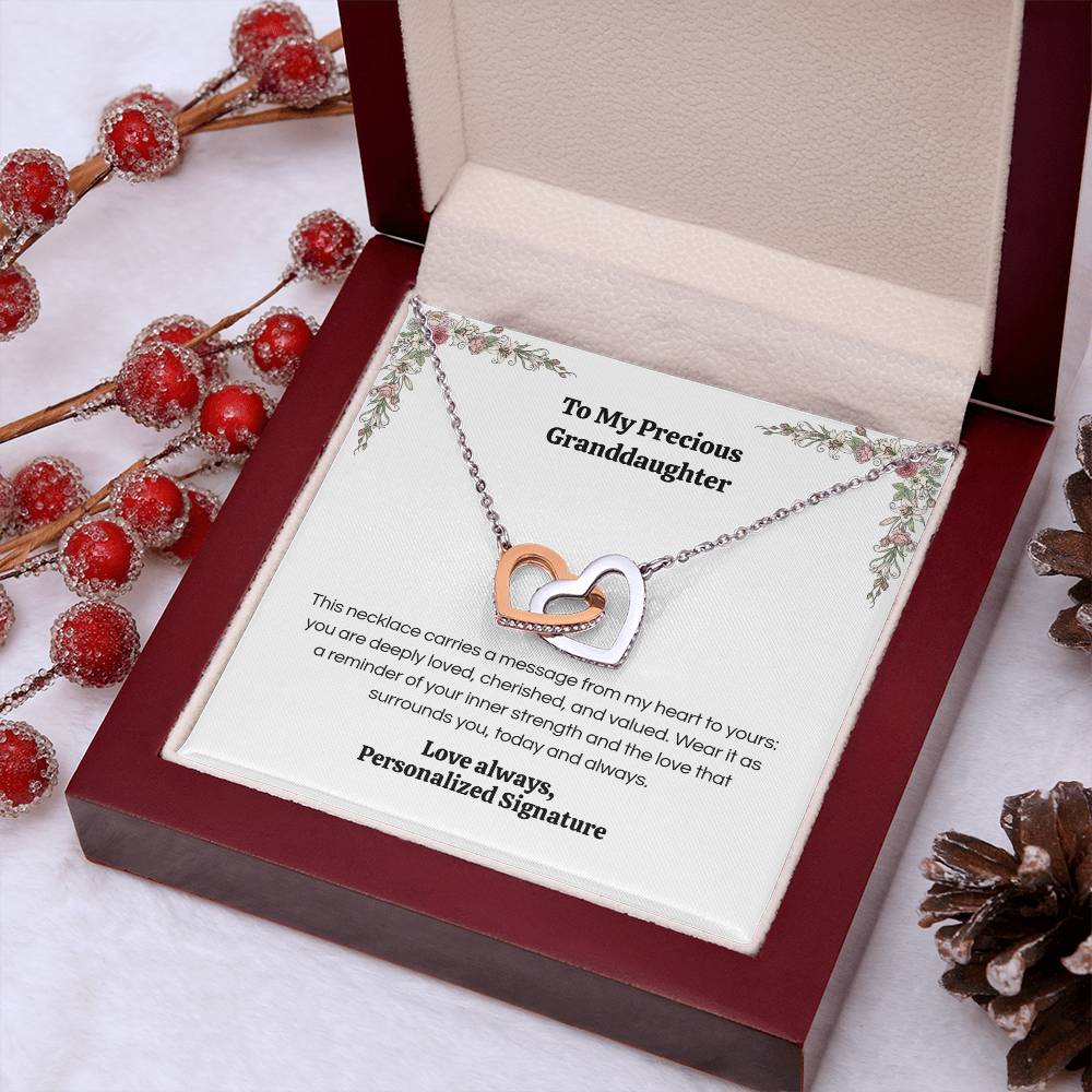 Interlocking Hearts Necklace for Granddaughter, 5 Different Message Card Options, White&Rose Gold or Yellow Gold