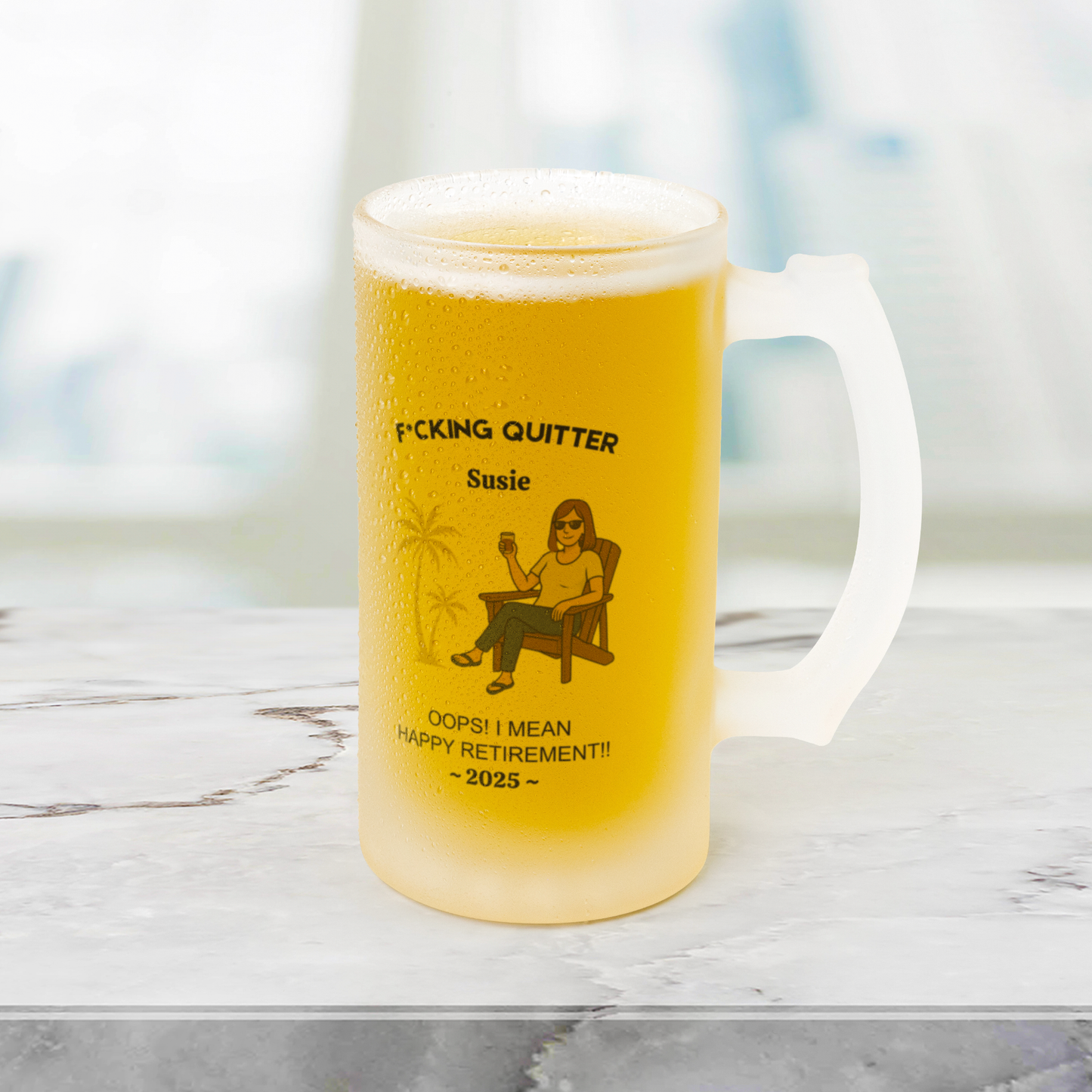 F*CKING QUITTER 16oz Frosted Beer Stein – Personalized HAPPY RETIREMENT Gift