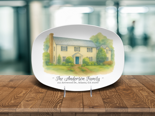 Personalized Watercolor House Portrait Oval Platter – 10″×14″ Serving Tray with Custom Family Name Gift