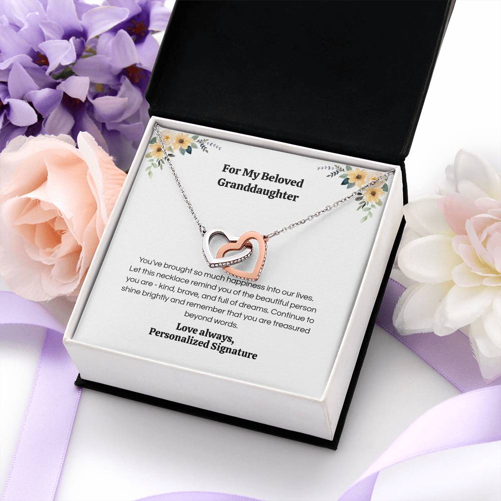 Interlocking Hearts Necklace for Granddaughter, 5 Different Message Card Options, White&Rose Gold or Yellow Gold