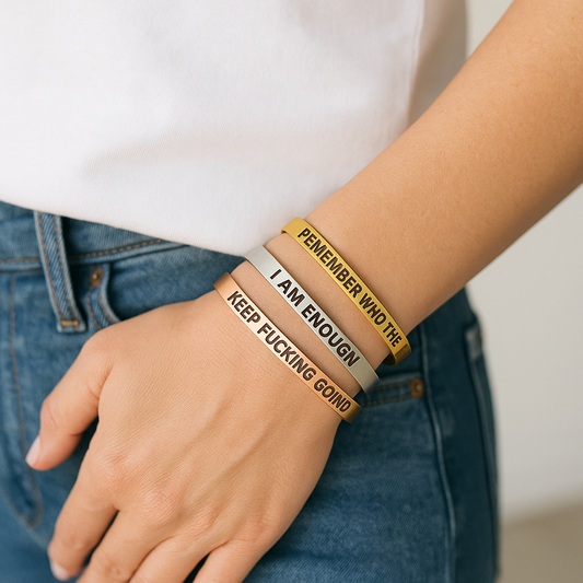 Custom Engraved Stainless Steel Cuff Bracelet – Personalized Text in 18K Gold, Rose Gold or Silver Finish