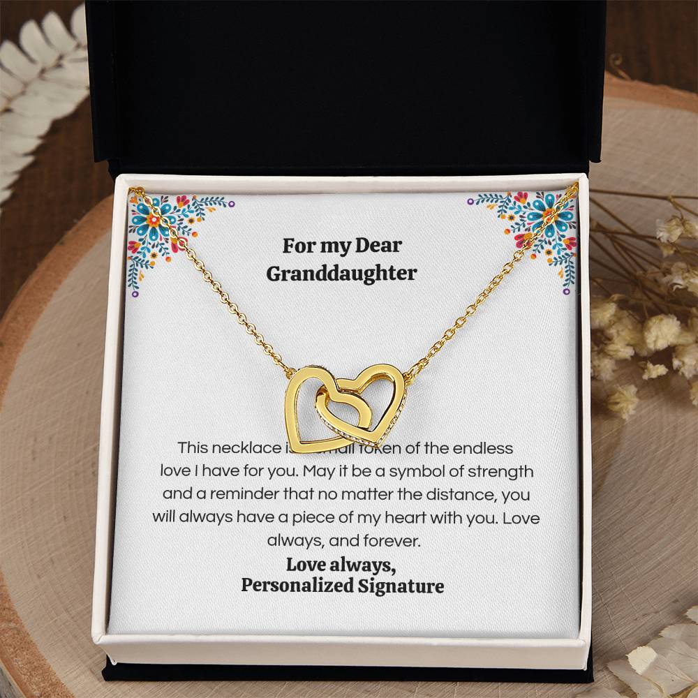 Interlocking Hearts Necklace for Granddaughter, 5 Different Message Card Options, White&Rose Gold or Yellow Gold