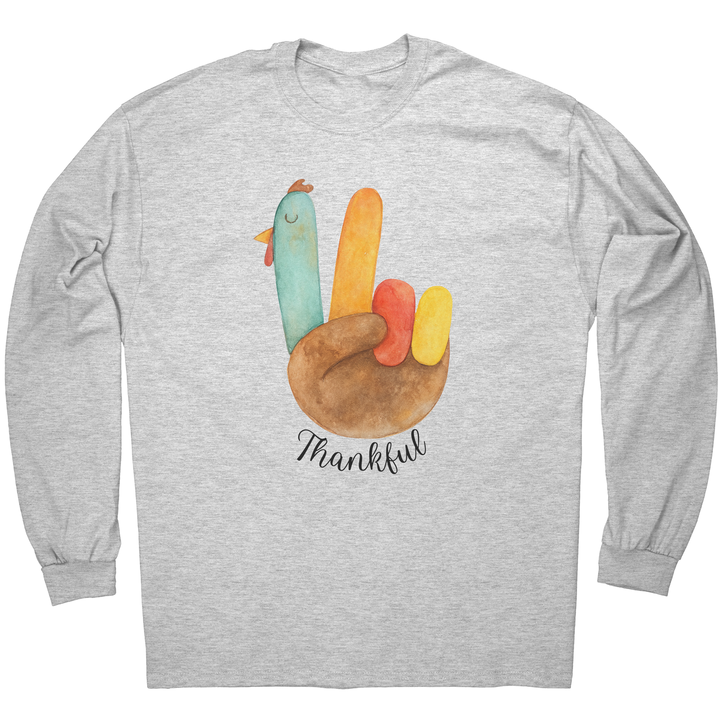 Unisex Thankful Watercolor Turkey Hand Thanksgiving Long Sleeve Tee Shirt