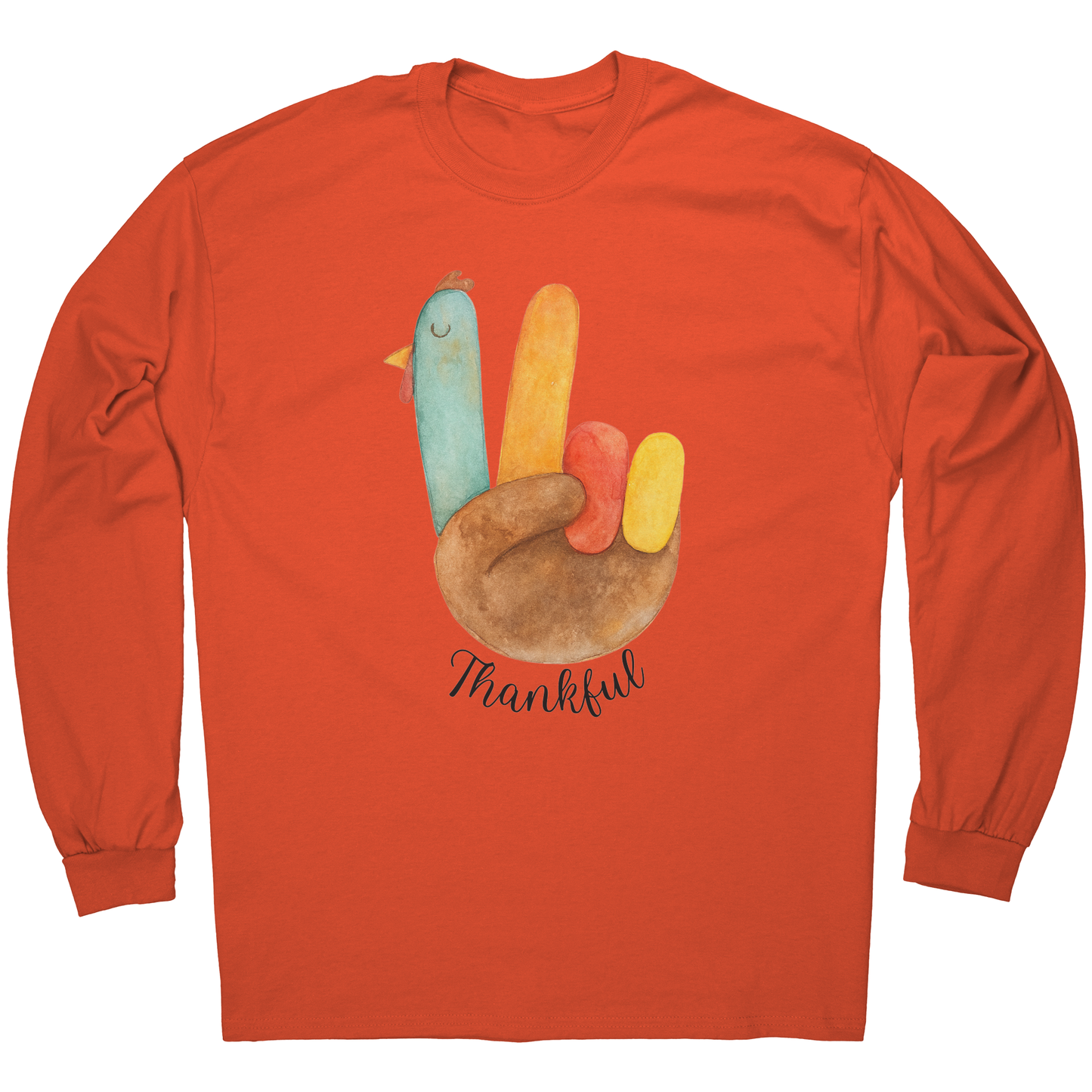 Unisex Thankful Watercolor Turkey Hand Thanksgiving Long Sleeve Tee Shirt