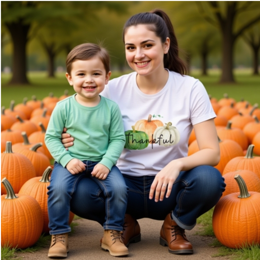 Thankful Fall T-Shirt for Women – Watercolor Pumpkin Thanksgiving Tee | Autumn Graphic Gildan Cotton Shirt