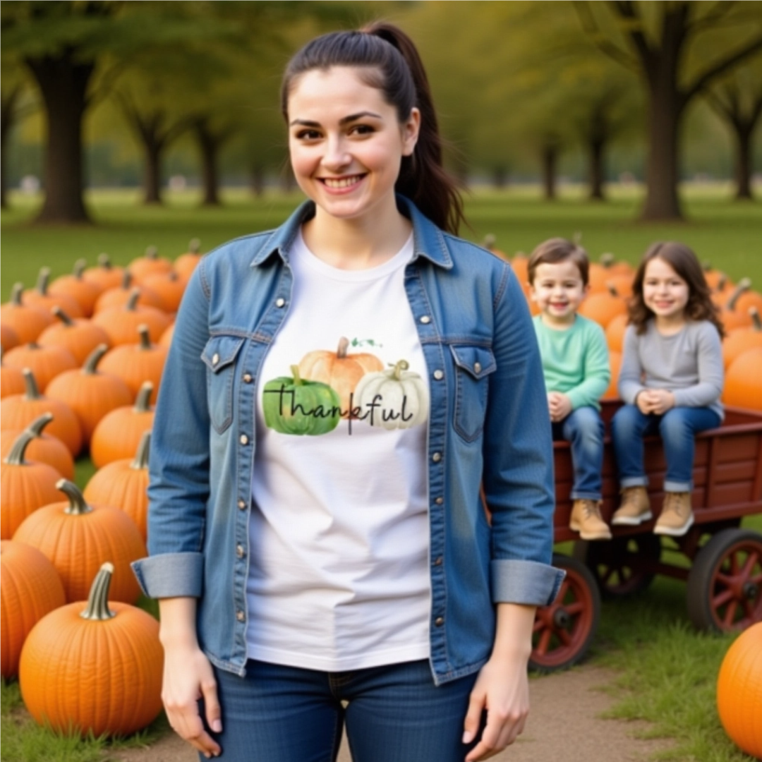 Thankful Fall T-Shirt for Women – Watercolor Pumpkin Thanksgiving Tee | Autumn Graphic Gildan Cotton Shirt