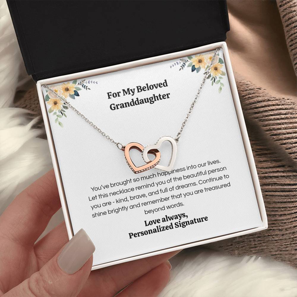 Interlocking Hearts Necklace for Granddaughter, 5 Different Message Card Options, White&Rose Gold or Yellow Gold