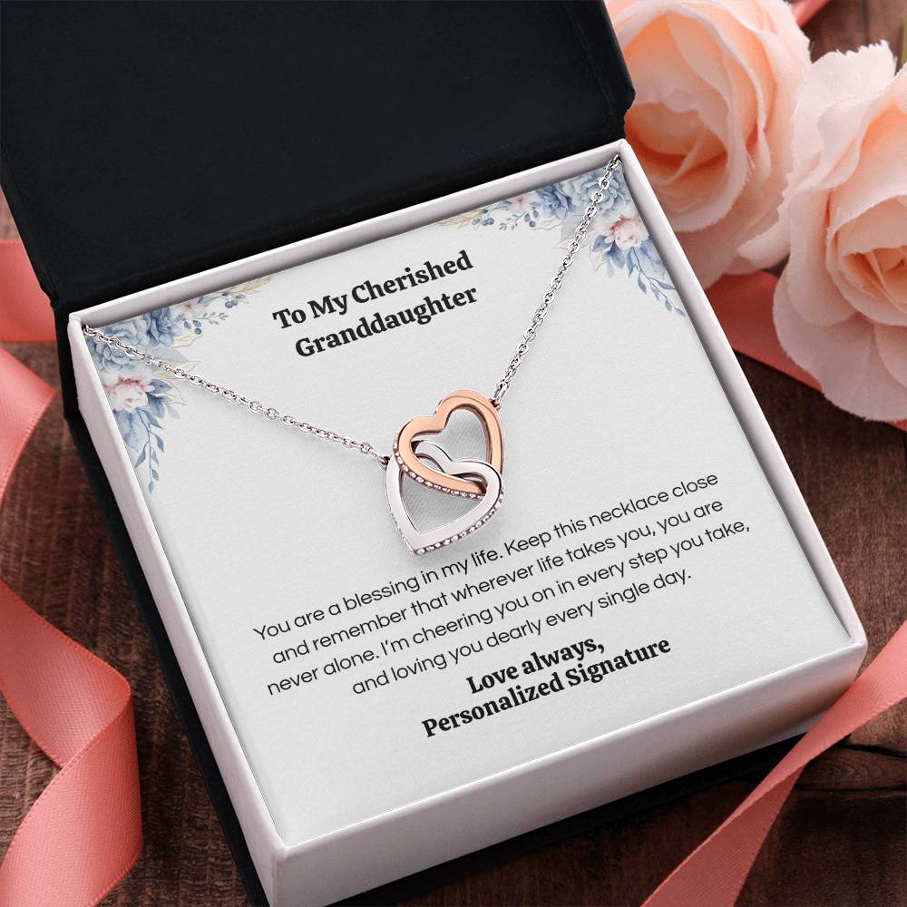 Interlocking Hearts Necklace for Granddaughter, 5 Different Message Card Options, White&Rose Gold or Yellow Gold