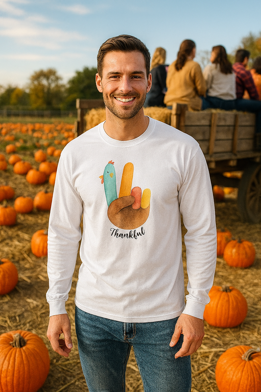 Unisex Thankful Watercolor Turkey Hand Thanksgiving Long Sleeve Tee Shirt