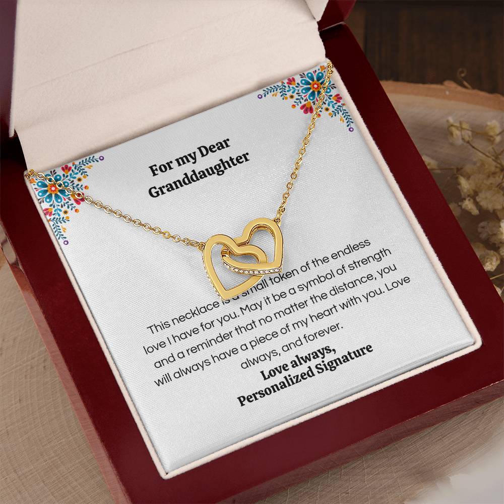 Interlocking Hearts Necklace for Granddaughter, 5 Different Message Card Options, White&Rose Gold or Yellow Gold