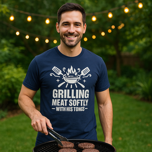 Funny BBQ T-Shirt for Men – “Grilling Meat Softly With His Tongs”