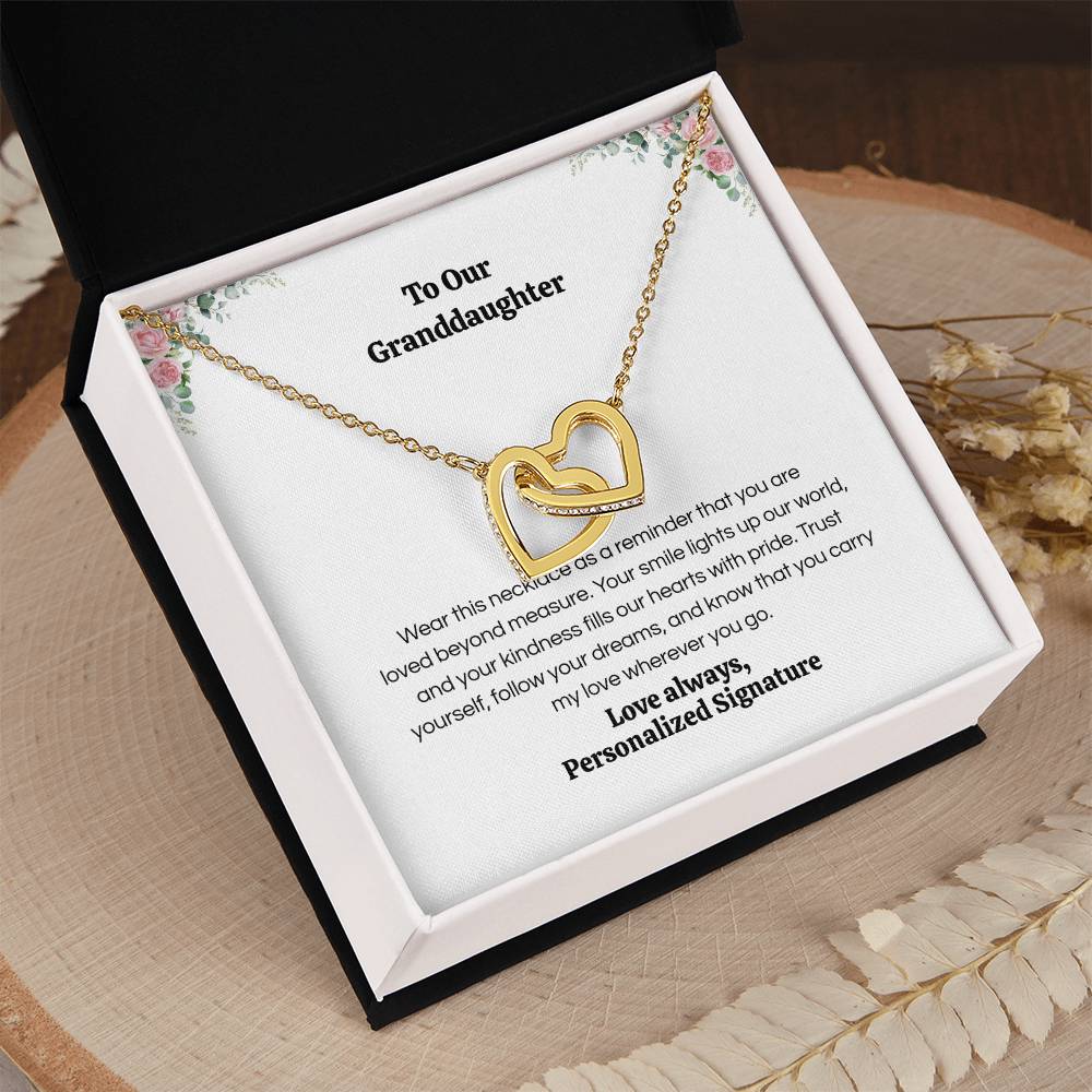 Interlocking Hearts Necklace for Granddaughter, 5 Different Message Card Options, White&Rose Gold or Yellow Gold