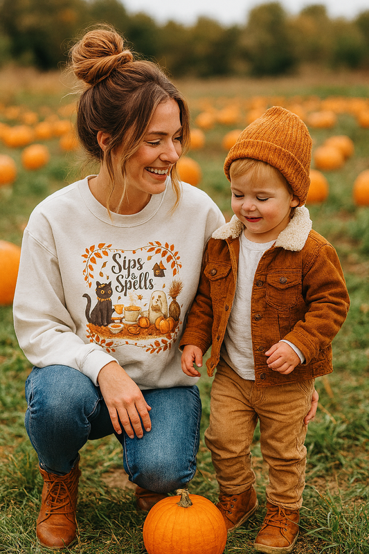 “Sips & Spells” Cozy Halloween Crewneck Sweatshirt – Fall Cat, Coffee & Pumpkin Graphic Pullover