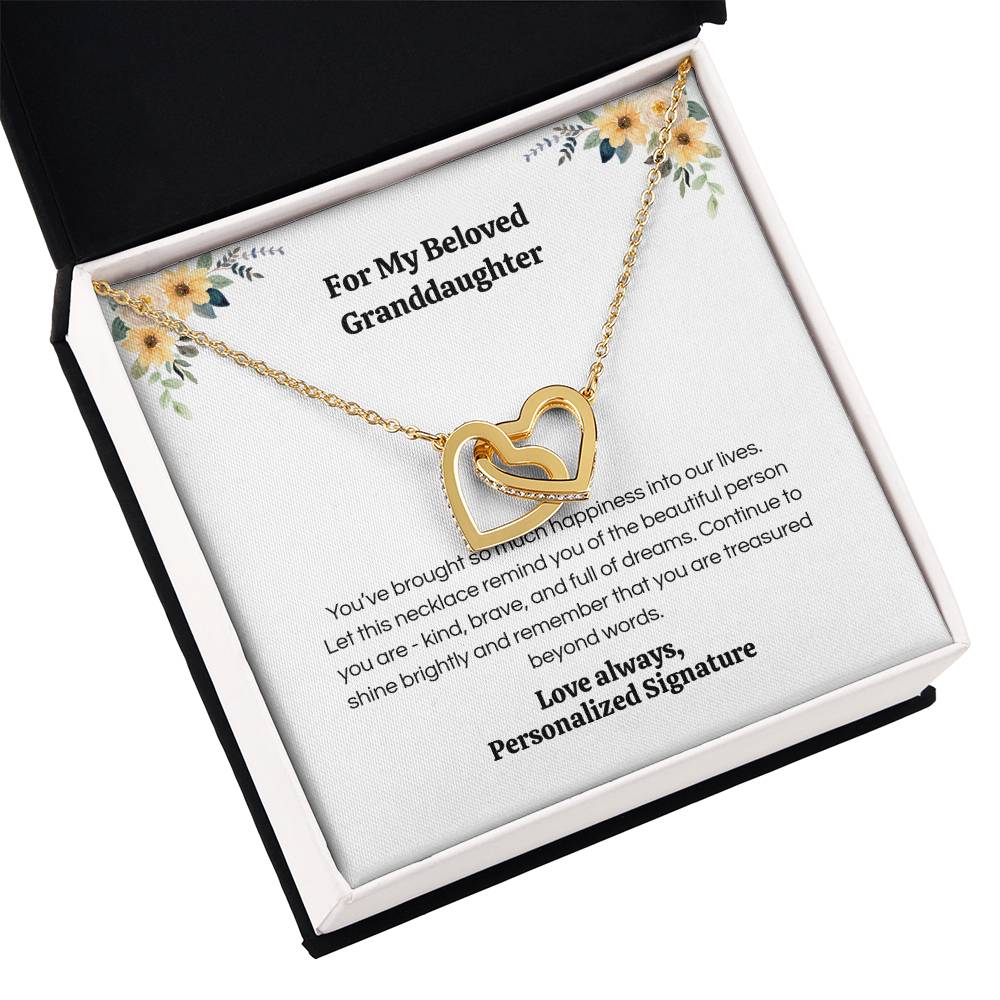 Interlocking Hearts Necklace for Granddaughter, 5 Different Message Card Options, White&Rose Gold or Yellow Gold