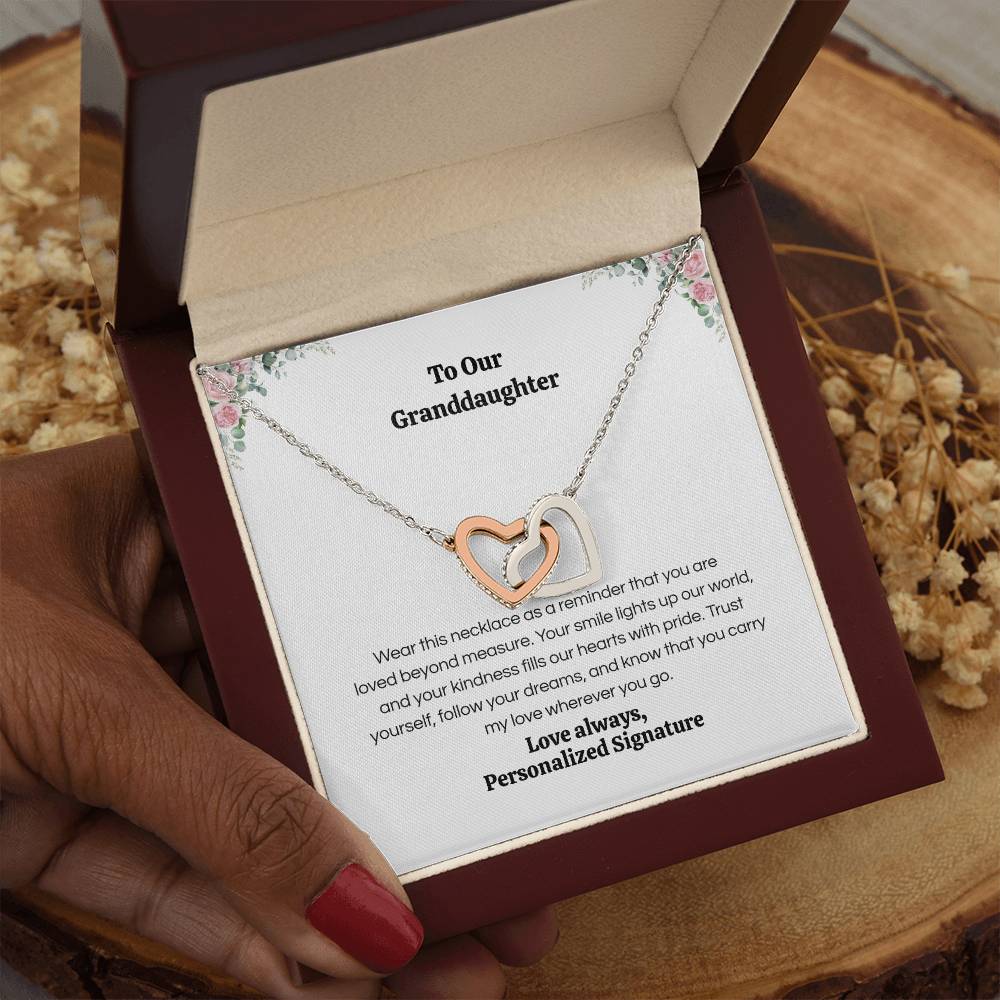 Interlocking Hearts Necklace for Granddaughter, 5 Different Message Card Options, White&Rose Gold or Yellow Gold