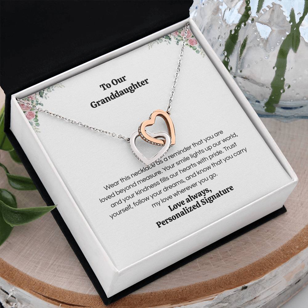 Interlocking Hearts Necklace for Granddaughter, 5 Different Message Card Options, White&Rose Gold or Yellow Gold
