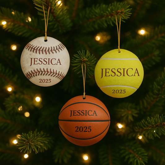 Personalized Sports Ball Christmas Ornament | Baseball, Basketball, Tennis | Custom Name & Year | Round Porcelain
