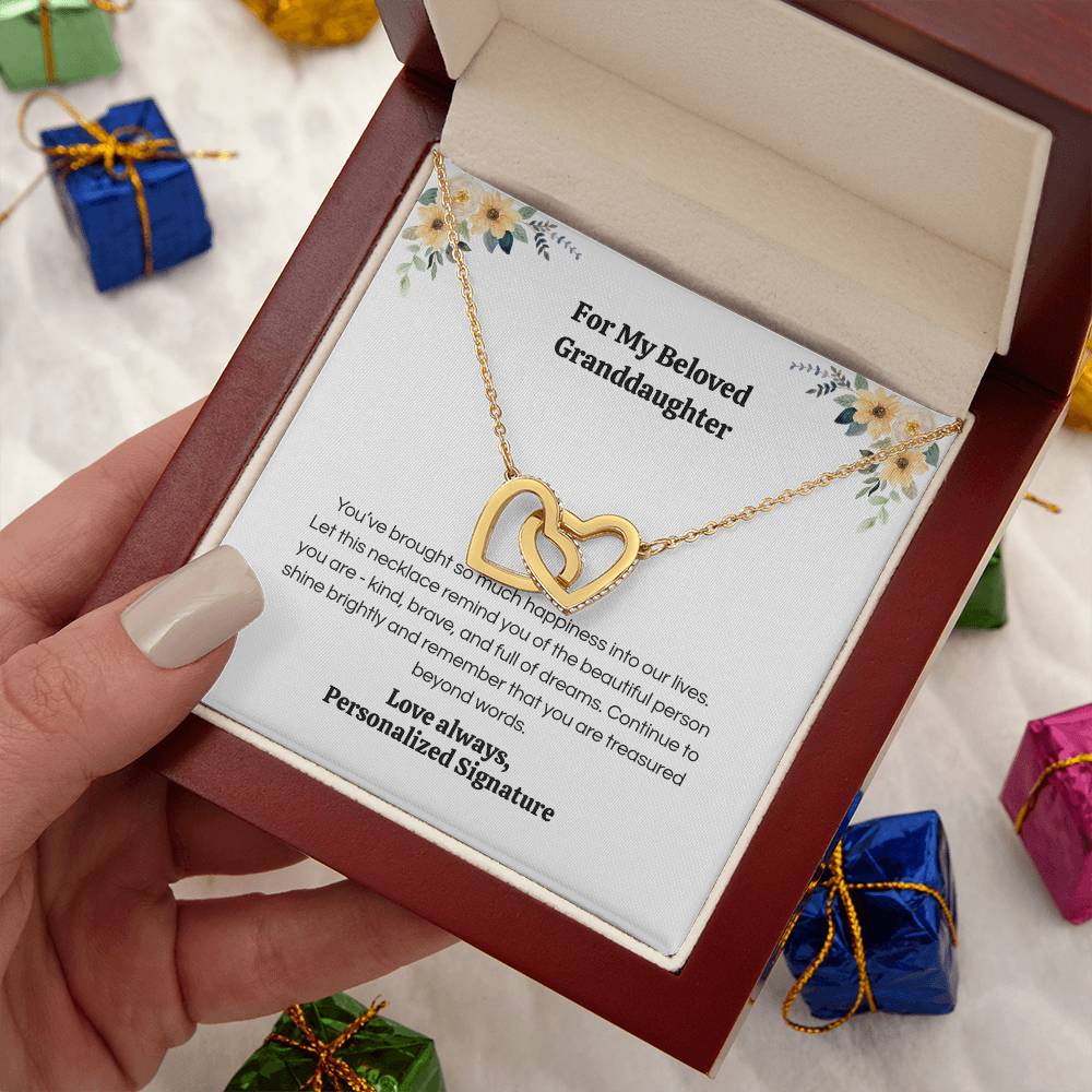 Interlocking Hearts Necklace for Granddaughter, 5 Different Message Card Options, White&Rose Gold or Yellow Gold