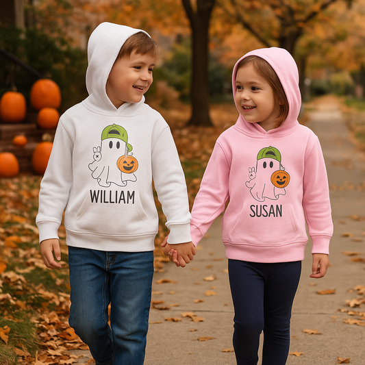 Personalized Toddler Halloween Hoodie – Custom Ghost & Pumpkin Sweatshirt