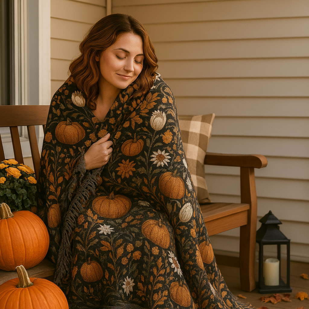 Pumpkin Harvest Woven Blanket | 100 % Cotton Autumn Throw 60 x 50 in