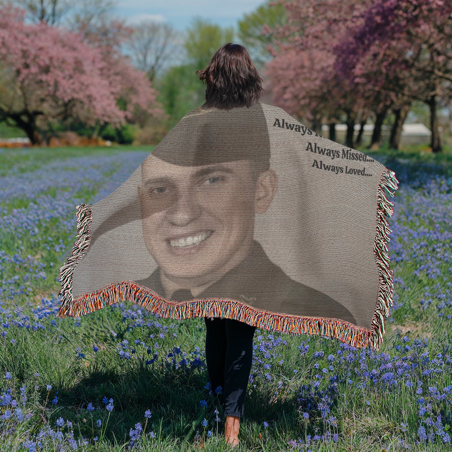 Custom Memorial Photo Woven Blanket – "Always Remembered, Always Missed, Always Loved"