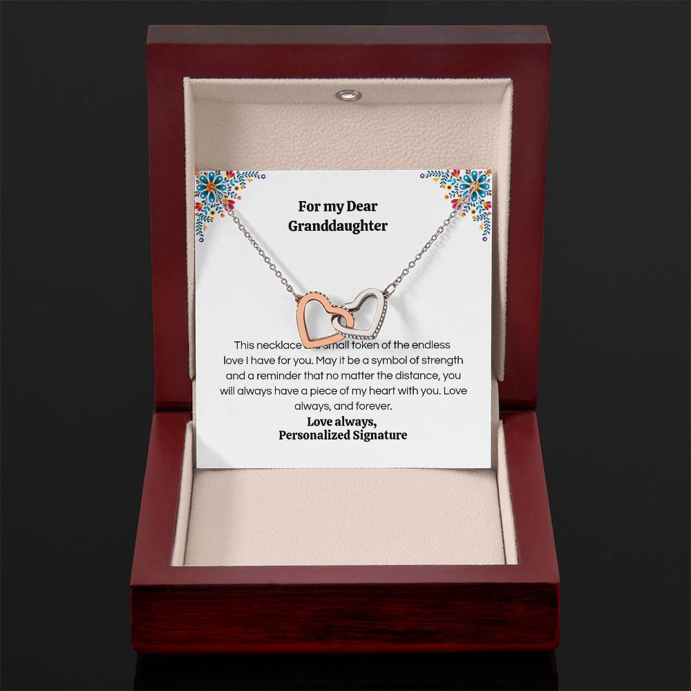 Interlocking Hearts Necklace for Granddaughter, 5 Different Message Card Options, White&Rose Gold or Yellow Gold
