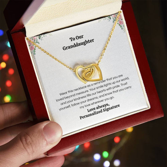 Interlocking Hearts Necklace for Granddaughter, 5 Different Message Card Options, White&Rose Gold or Yellow Gold