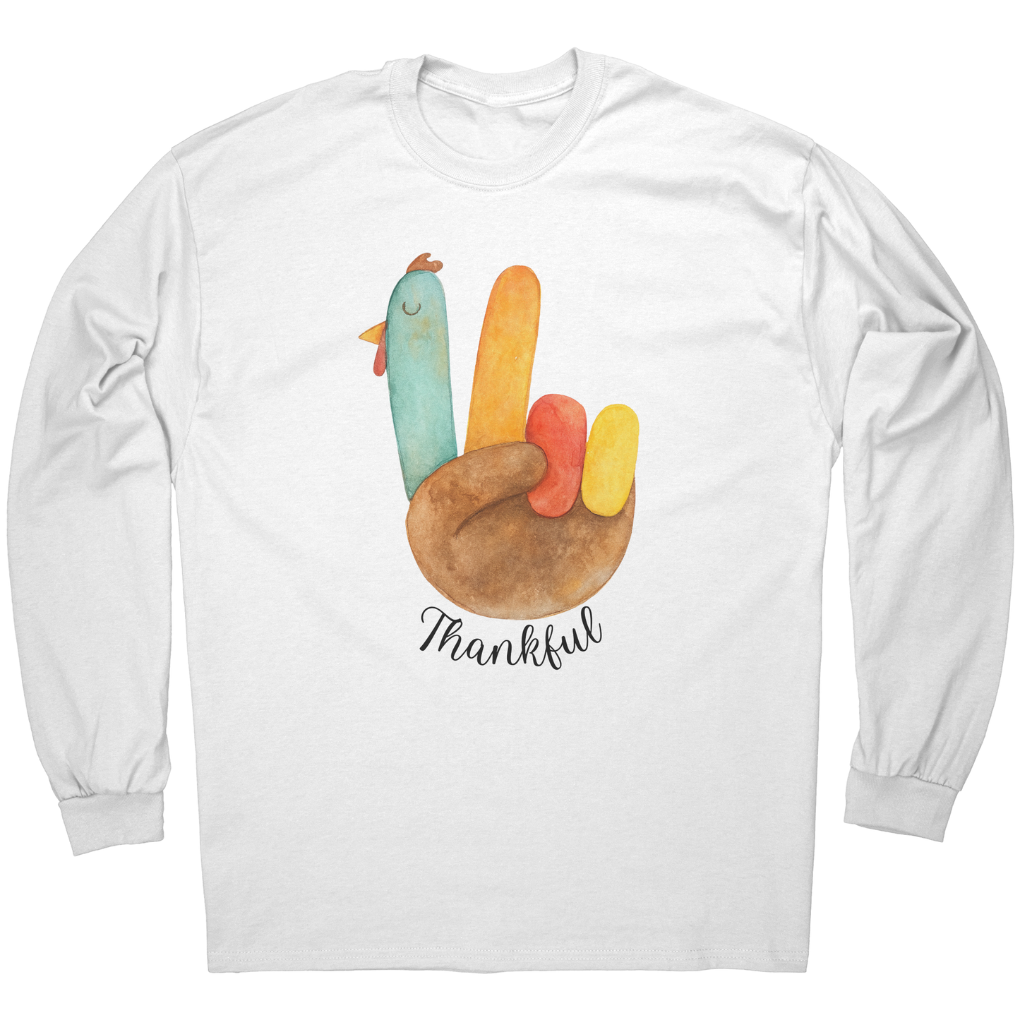 Unisex Thankful Watercolor Turkey Hand Thanksgiving Long Sleeve Tee Shirt