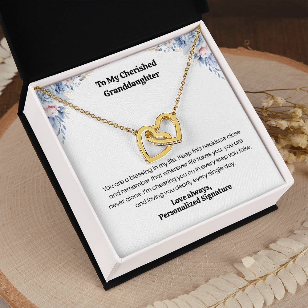 Interlocking Hearts Necklace for Granddaughter, 5 Different Message Card Options, White&Rose Gold or Yellow Gold