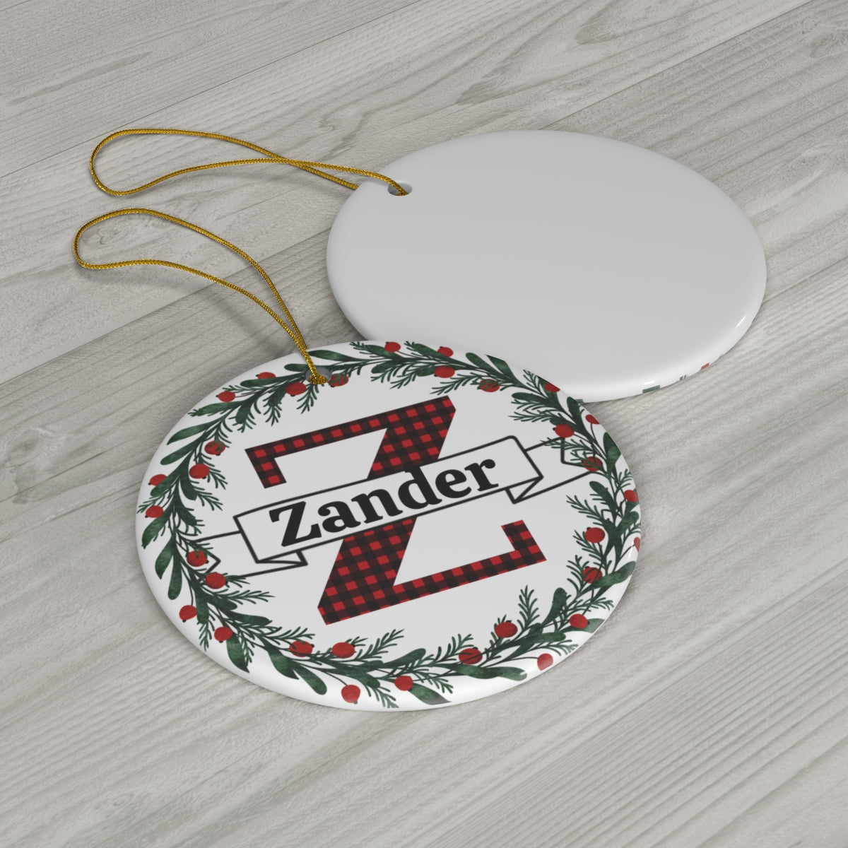 Personalized Buffalo Plaid Initial & Name Christmas Ornament | Round Porcelain Wreath Design