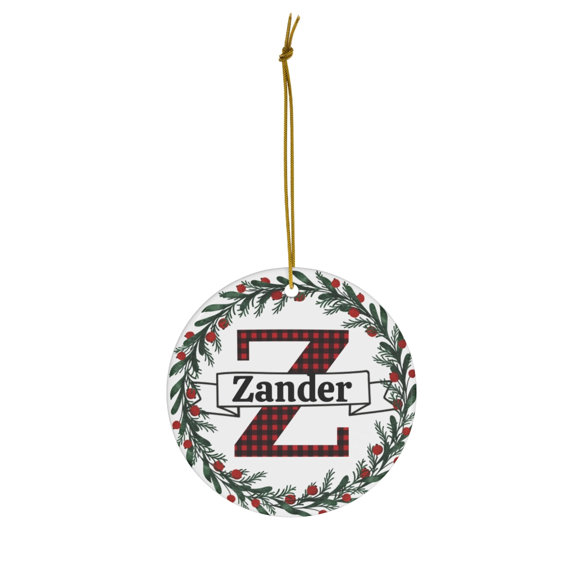 Personalized Buffalo Plaid Initial & Name Christmas Ornament | Round Porcelain Wreath Design