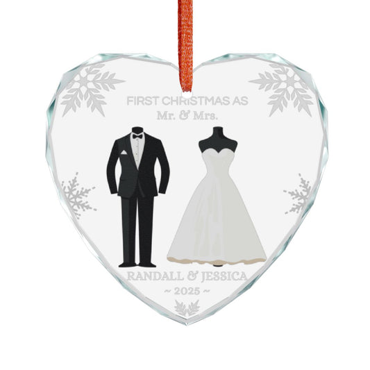 First Christmas As "Mr. & Mrs." - Customizable Heart Crystal Glass Ornament