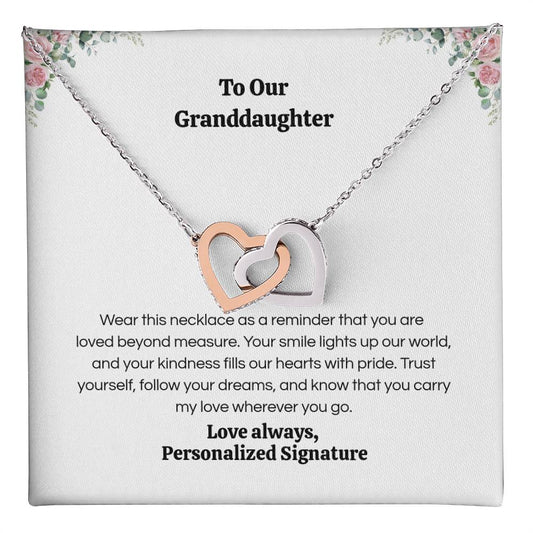 Interlocking Hearts Necklace for Granddaughter, 5 Different Message Card Options, White&Rose Gold or Yellow Gold