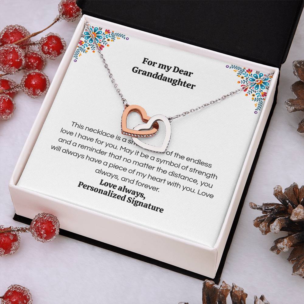 Interlocking Hearts Necklace for Granddaughter, 5 Different Message Card Options, White&Rose Gold or Yellow Gold