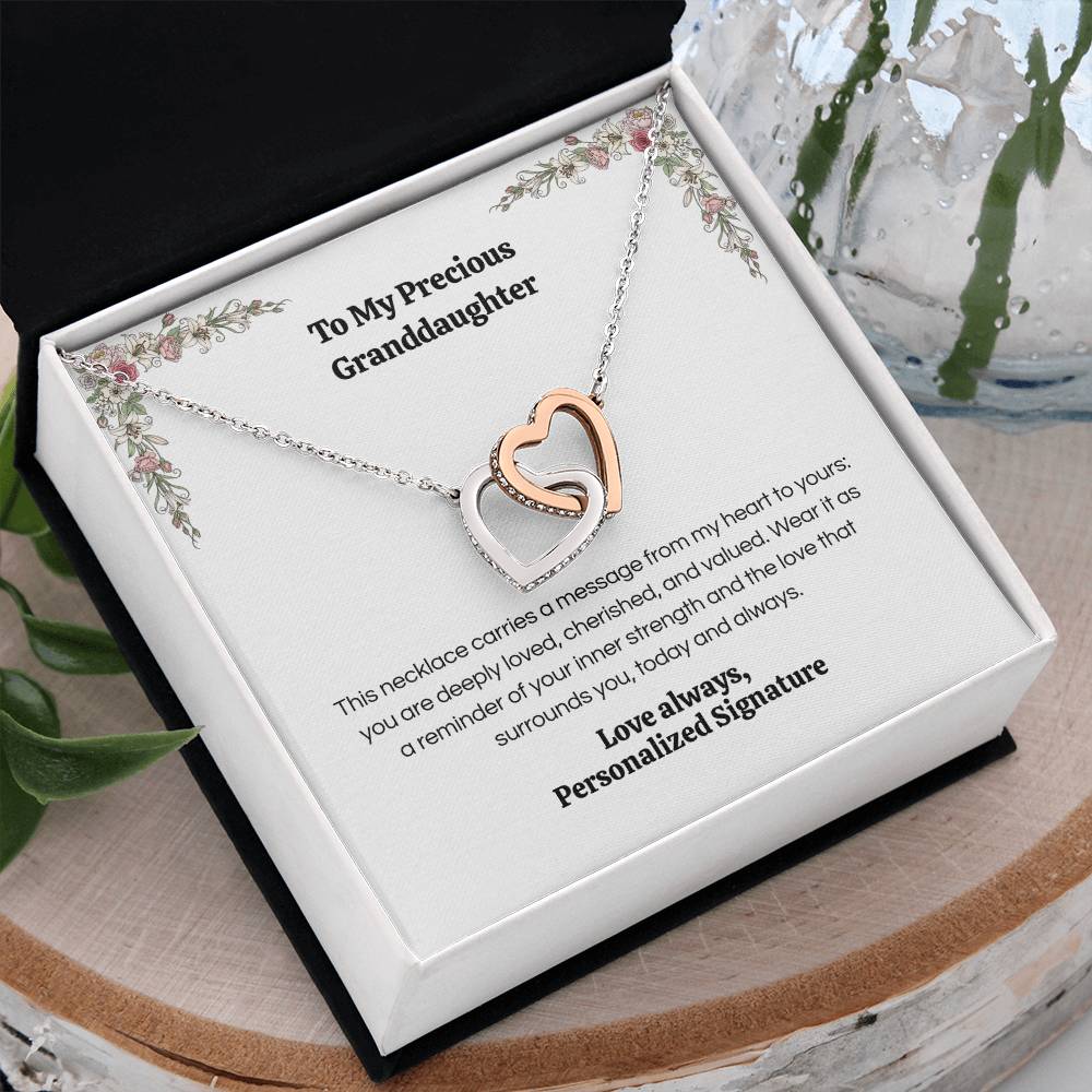Interlocking Hearts Necklace for Granddaughter, 5 Different Message Card Options, White&Rose Gold or Yellow Gold