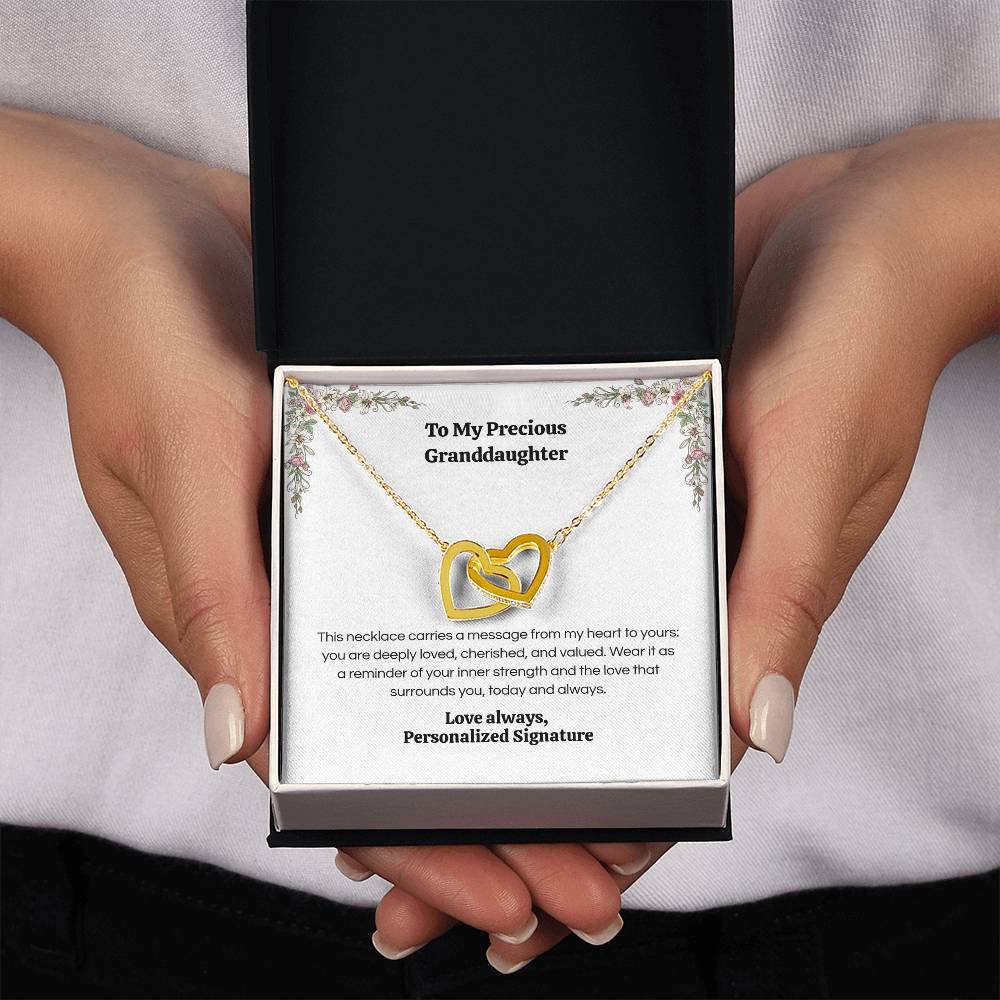 Interlocking Hearts Necklace for Granddaughter, 5 Different Message Card Options, White&Rose Gold or Yellow Gold