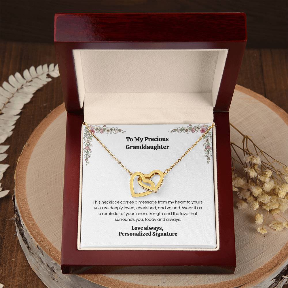 Interlocking Hearts Necklace for Granddaughter, 5 Different Message Card Options, White&Rose Gold or Yellow Gold