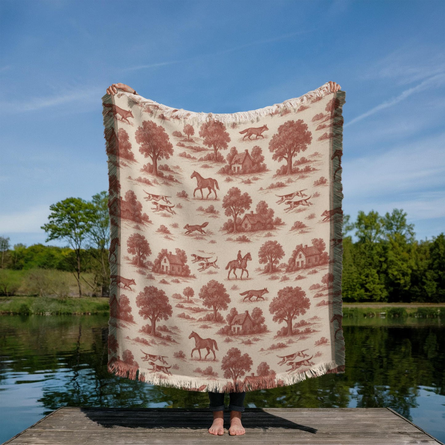 Equestrian Toile de Jouy Woven Blanket | Horse Lover Throw in Blue, Green, Cranberry, or Multi