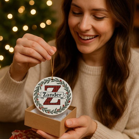 Personalized Buffalo Plaid Initial & Name Christmas Ornament | Round Porcelain Wreath Design
