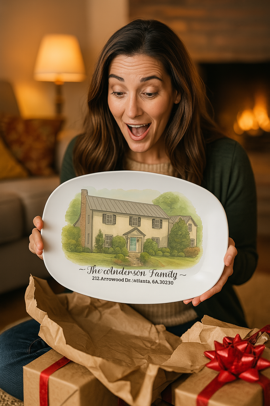 Personalized Watercolor House Portrait Oval Platter – 10″×14″ Serving Tray with Custom Family Name Gift
