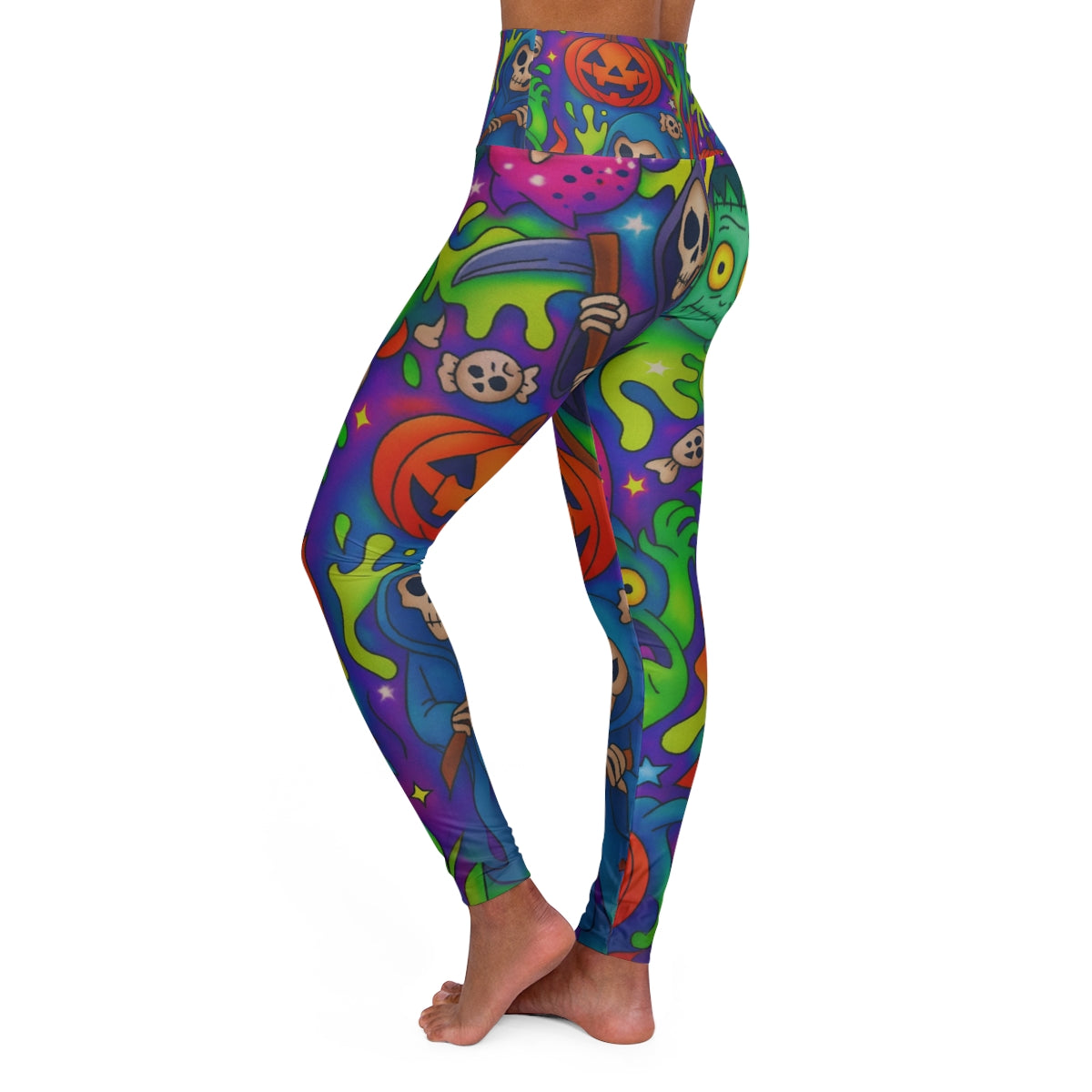 Neon Halloween Pattern Yoga Pants – Vibrant High-Waisted Leggings for the Spooky Season